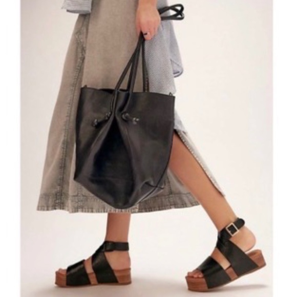 Free People | Leather "Head Over Heels" Tote Bag | Navy Blue - Picture 3 of 14